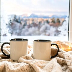 Cozy mugs by a snowy window