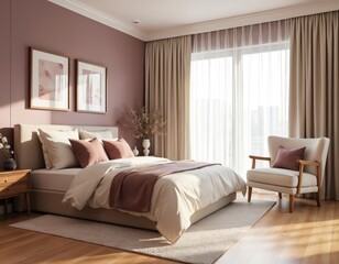 Fototapeta premium Cozy bedroom with mauve walls, maple floor and cream curtain. Contemporary style interior with luxury bed and armchair. Elegant home design in calm light. Restful place to sleep well.