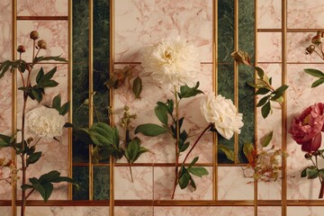 Delicate peonies and lush foliage arranged artfully against a backdrop of gilded marble tiles, evoking a serene and elegant aesthetic.