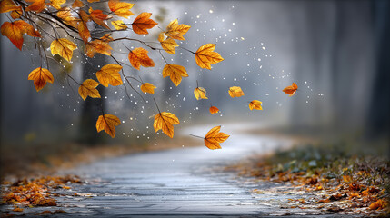 Stylized illustration depicting vibrant autumn leaves, falling and blowing across park road.