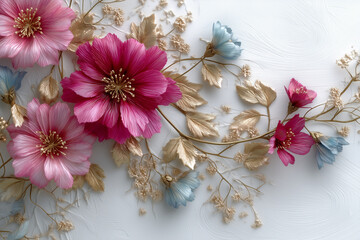 Floral background with pink and  blue flowers and golden glitterring branches on white background.