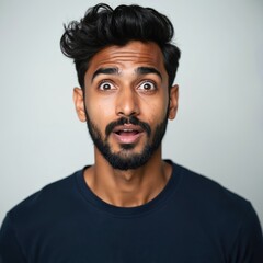 Fototapeta premium Young adult Indian man with surprised expression and open mouth. He has dark hair, beard and is wearing a dark blue shirt. Male model with shocked face in studio on white background.