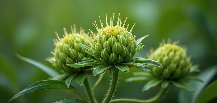 Closeup of unripe horse gram pods with green leaves. Macro view shows clustered seed pods and fuzzy stems. Healthy pulse plant grows in natural field setting.