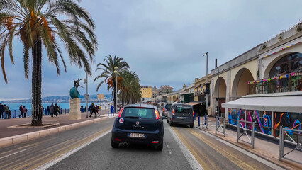 French Riviera. Promenade des Anglais in Nice, Provence-Alpes-Cote d'Azur, France 27 February 2025. 