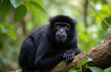 Obraz premium Adult male black howler monkey in a natural jungle habitat. Primate sits on branch looking at viewer. Wildlife photo of animal in rainforest. Furry mammal in the wild.