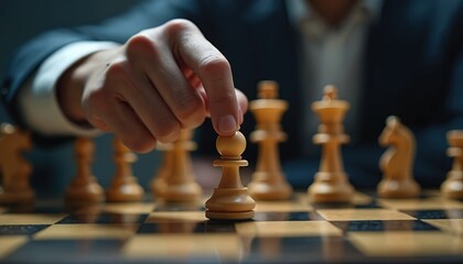 Businessman moves chess pawn on board. Man in suit makes strategic decision in game. Focus on intellectual challenge and thoughtful planning in business. Careful thinking for victory.