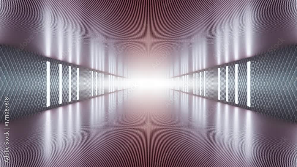 Poster looping animation of futuristic tunnel with glowing lights and reflective surfaces