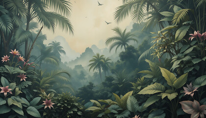 Lush Tropical Jungle Landscape with Palm Trees and Exotic Foliage.