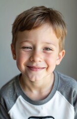 Fototapeta premium Caucasian boy smiles at camera. Young child with short brown hair and green eyes wears casual gray and white shirt. He looks happy and relaxed indoors.