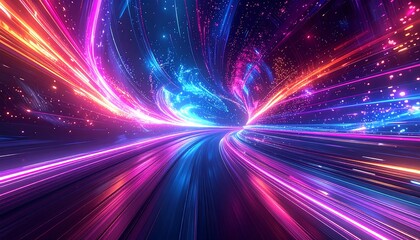 A vibrant, abstract digital artwork depicting a neon-lit tunnel of speed. Swirling lights in dynamic streams create a sense of movement and cosmic exploration