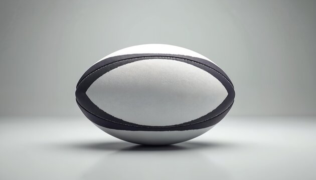 White rugby ball on light gray background. Black stripes around ball. Studio lighting. Smooth surface. Elliptical shape. Isolated object. Shadow on floor. Modern sports equipment. Clean design. - Powered by Adobe