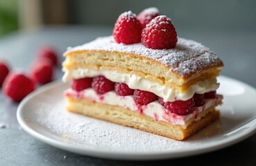 Layered pastry with cream and fresh raspberries. Sweet dessert dusted with powdered sugar on white plate. Delicate pastry creation with rich filling, perfect for indulgence.