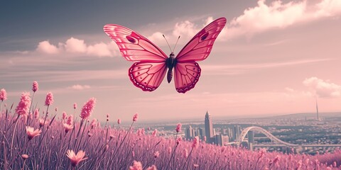 A giant, glowing pink butterfly soars over a dreamy landscape of pink fields and a distant city skyline under a pastel sky.