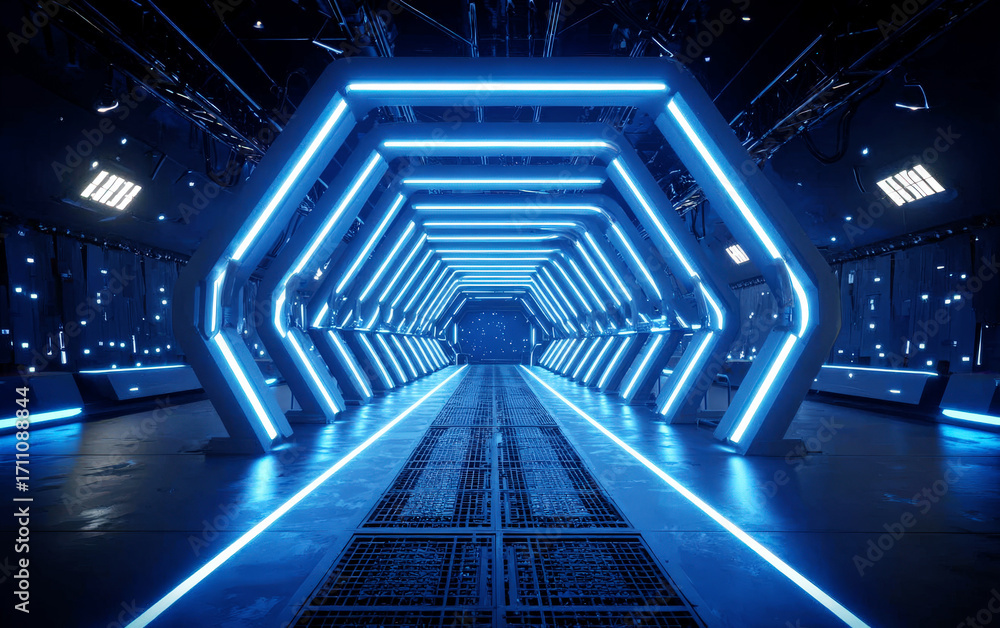 Poster futuristic hexagonal corridor with blue neon lights in a sci-fi setting