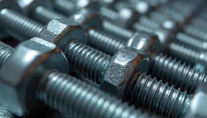 Galvanized steel bolts and nuts neatly arranged in rows create a symmetrical pattern. The metallic sheen highlights their industrial strength and precision detail. Used for assembly and repair work.