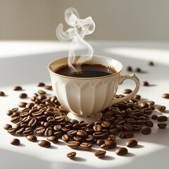 An image of a cup of warm coffee. Fresh coffee cup surrounded by beans a wooden table.