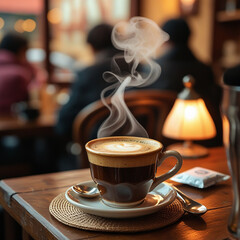 An image of a cup of warm coffee. Fresh coffee cup surrounded by beans a wooden table.