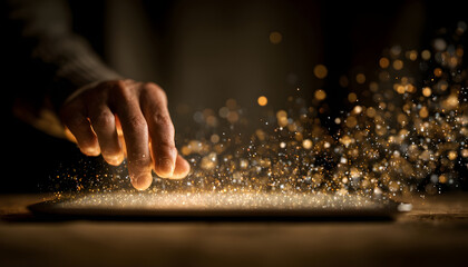Person using tablet with magical digital particles emanating.