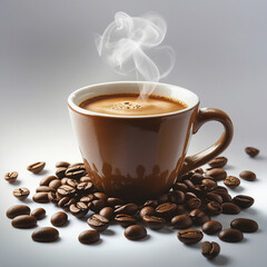 An image of a cup of warm coffee. Fresh coffee cup surrounded by beans a wooden table.