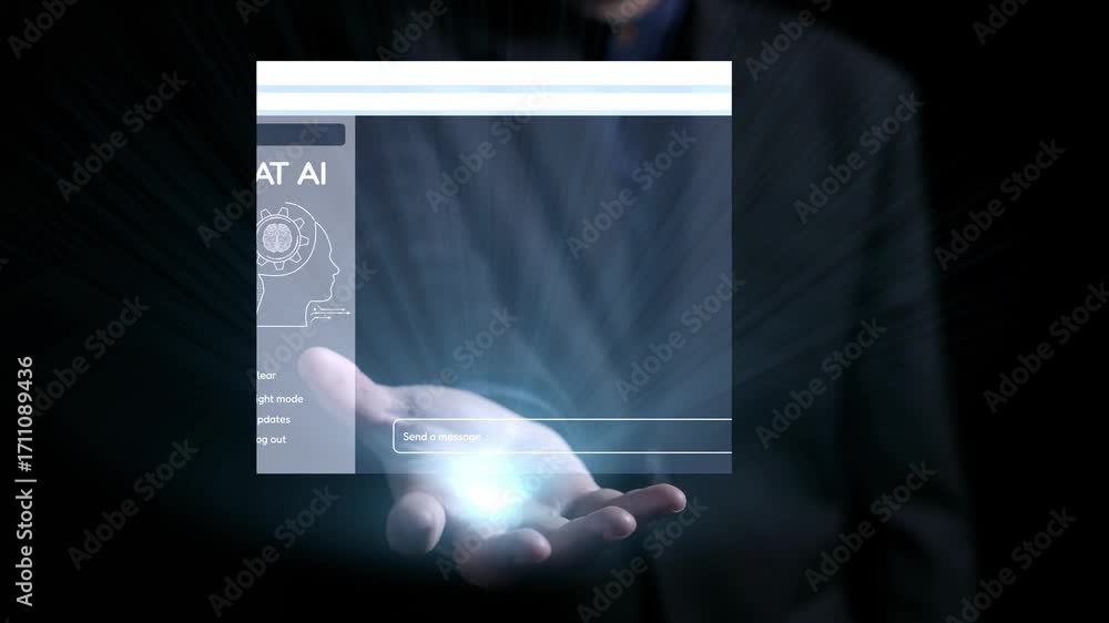 Poster a hand holds a transparent digital chat interface showcasing ai technology. the design illustrates m