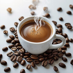 An image of a cup of warm coffee. Fresh coffee cup surrounded by beans a wooden table.