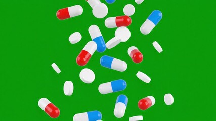 Various colorful medicine capsules and white tablet pills slowly falling representing pharmacology healthcare addiction treatment or pharmaceutical industry innovation and research - Powered by Adobe