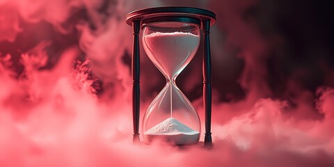 An hourglass stands amidst swirling red and pink smoke, with sand steadily flowing, symbolizing the passage of time.