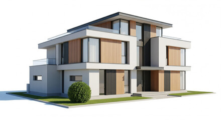 Sophisticated multi-level modern house with a mix of white and wooden facades on an isolated transparent background.