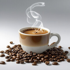 An image of a cup of warm coffee. Fresh coffee cup surrounded by beans a wooden table.
