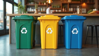 Three colorful recycling bins are lined up inside a cafe. The bins are green, yellow, and blue, each with a white recycling symbol. A person is blurred in the background behind a counter.