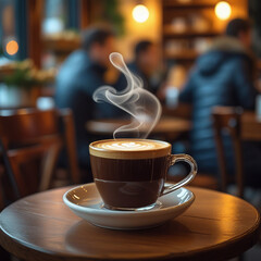 An image of a cup of warm coffee. Fresh coffee cup surrounded by beans a wooden table.