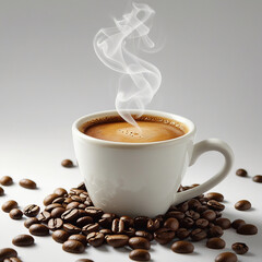 An image of a cup of warm coffee. Fresh coffee cup surrounded by beans a wooden table.
