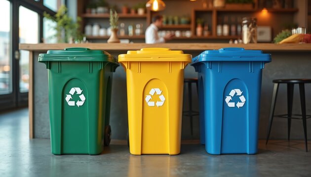 Three colorful recycling bins are lined up inside a cafe. The bins are green, yellow, and blue, each with a white recycling symbol. A person is blurred in the background behind a counter.