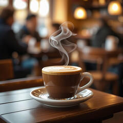 An image of a cup of warm coffee. Fresh coffee cup surrounded by beans a wooden table.