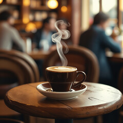 An image of a cup of warm coffee. Fresh coffee cup surrounded by beans a wooden table.