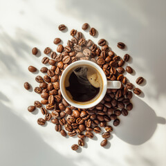 An image of a cup of warm coffee. Fresh coffee cup surrounded by beans a wooden table.