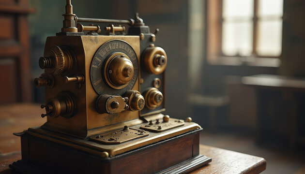 Vintage brass telegraph device with knobs and dials sits on wooden table. Antique communication tool used for sending messages via Morse code in historical settings.