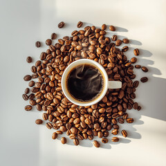 An image of a cup of warm coffee. Fresh coffee cup surrounded by beans a wooden table.