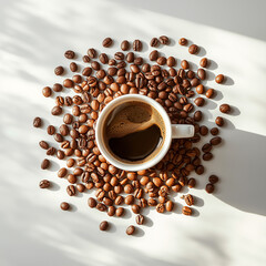 An image of a cup of warm coffee. Fresh coffee cup surrounded by beans a wooden table.