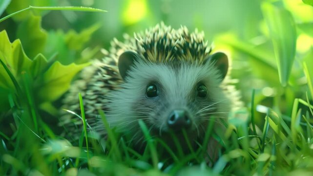 An adorable hedgehog peeking out from grass in a vibrant garden.