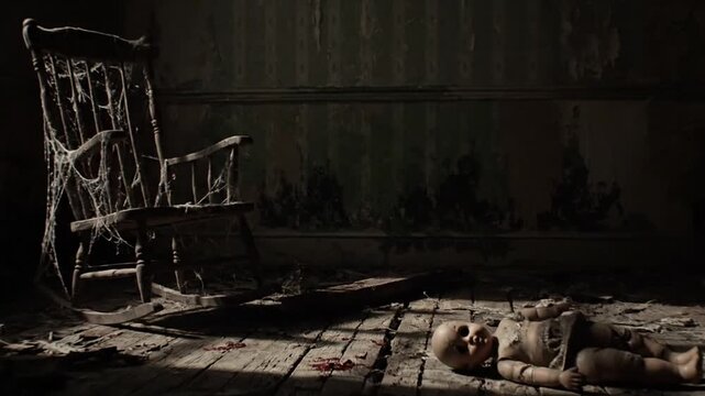 Bloody plank with old nail and dark stain on rough wood suggesting crime scene atmosphere