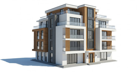 Obraz premium Modern Residential Apartment Building with Multiple Balconies and Wood Facades on an Isolated transparent background