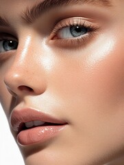 Fototapeta premium Young caucasian woman's face with perfect skin and natural makeup