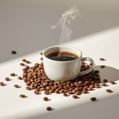 An image of a cup of warm coffee. Fresh coffee cup surrounded by beans a wooden table.