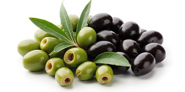 Close-up of green and black olives with leaves. - Powered by Adobe