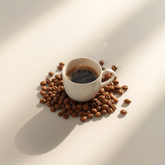 An image of a cup of warm coffee. Fresh coffee cup surrounded by beans a wooden table.