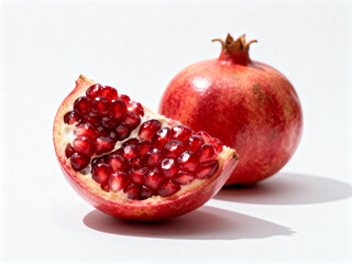 Fresh whole pomegranate and a sliced half with vibrant red seeds on a white background
