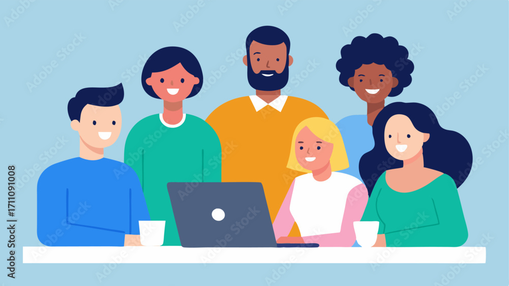 Poster diverse team a group of people of various ethnicities and abilities gathered around a table smiling 