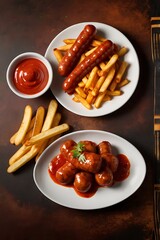 Currywurst Sausages with Curry spice on wursts served French fries