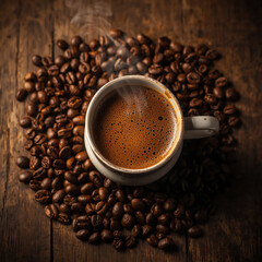 An image of a cup of warm coffee. Fresh coffee cup surrounded by beans a wooden table.